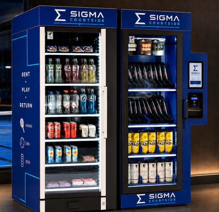 The Sigma Courtside Duo machine: a rackets-and-balls unit joined to a snacks and drinks unit