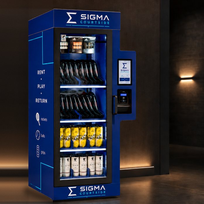 The Sigma Courtside Single machine stocked with rackets, balls and grips